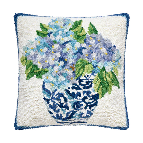 Rhapsody in Blue Hydrangeas Wool Hooked Pillow