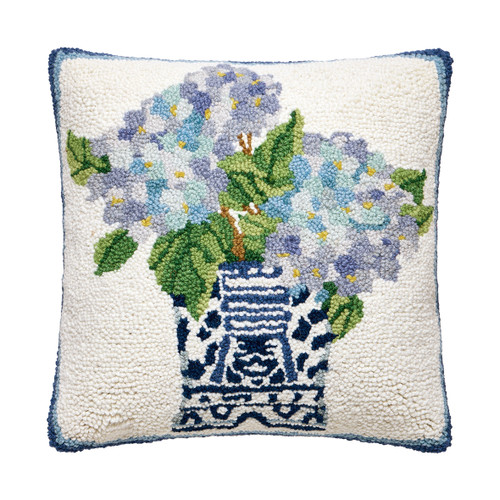 Rhapsody in Blue Hydrangeas I Wool Hooked Pillow