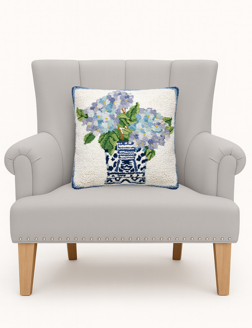 Rhapsody in Blue Hydrangeas I Wool Hooked Pillow on chair
