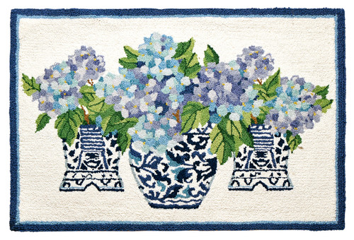  Rhapsody in Blue Hydrangeas Wool Hooked Accent Rug