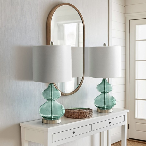 Waterfront Teal Glass Table Lamp Set in an entry way