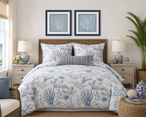 White Coral on Blue Framed Art Duo with Oceania Bedding