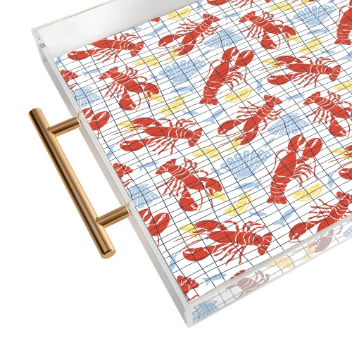 Summer Catch Lobsters Acrylic Serving Tray with Gold Handles close up