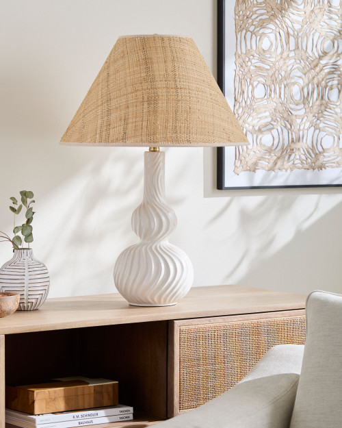 Shore and Sands Ripple Ceramic Table Lamp with Raffia Shade room example