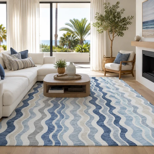 Blue Ocean Drift Wave Striped Rug room example