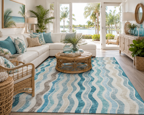 Turquoise Ocean Drift Wave Striped Rug Tropical style living room