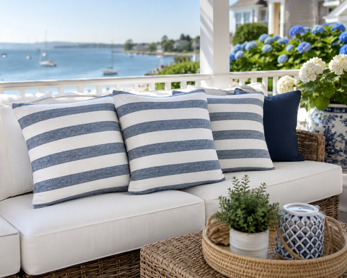 Harbour Blue Striped Pillows on outdoor sofa