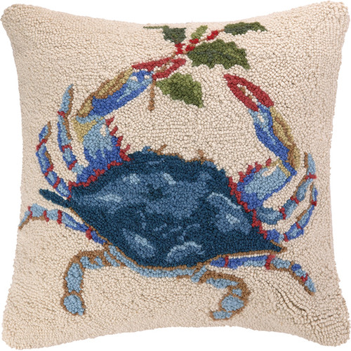 Blue Crab and Holly Holiday 18 x 18 Hooked Pillow