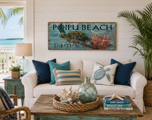 Turtle Reef Latitude-Longitude Custom Beach Sign in beach room