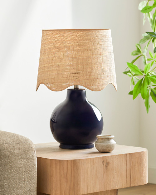 Catalina Isle Navy Blue Lamp with Rattan Scalloped Shade room view
