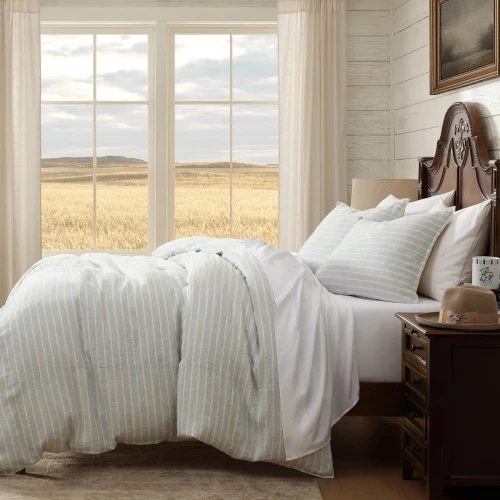 Larkspur Landing Blue Striped Linen King Size Duvet Set room view 2