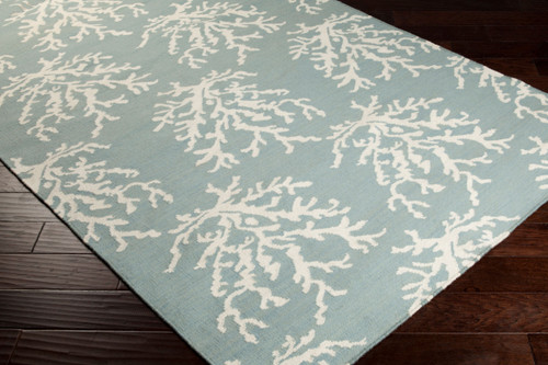 Ocean Blue Coral Design Wool Rug on floor