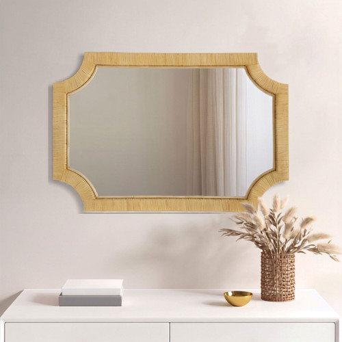 Destin Shores Scalloped Rectangle Rattan Framed Mirror vertical in room