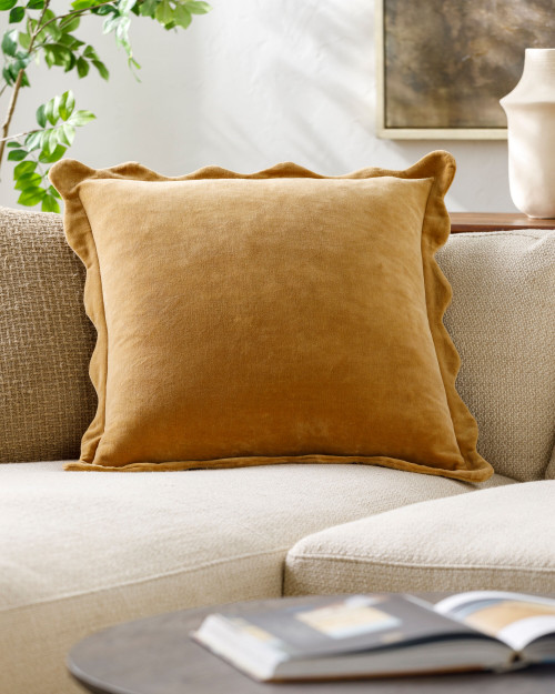 Bristol Gold Velvet Scalloped Edge 18 x 18 Pillow on sofa