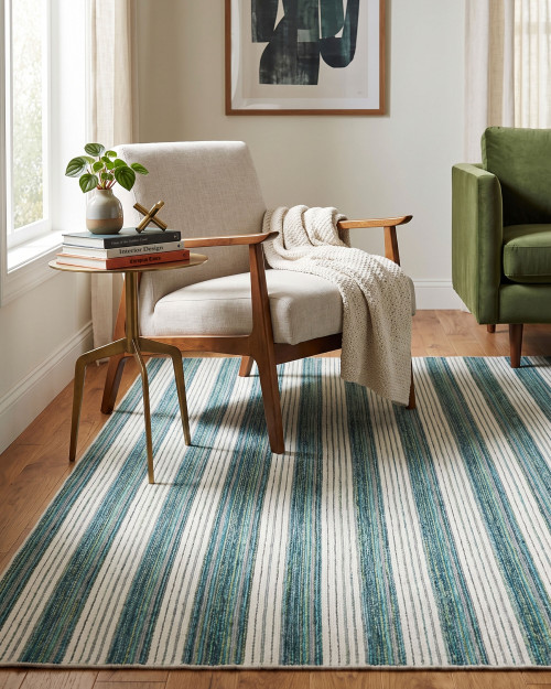 Seaglass Cabana Stripes Woven Area Rug lifestyle indoor