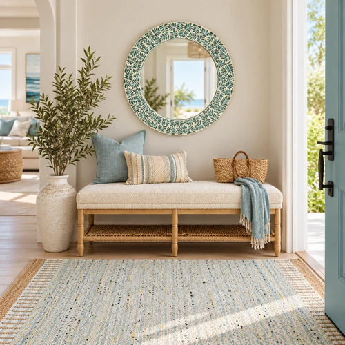 Skye Island Mother of Pearl Shell Mirror with Lido Key Bench and Cherish Blue Rug