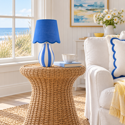 Scalloped Blue Cabana Striped Accent Table Lamp room example
