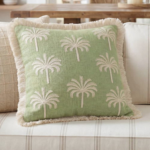 Green Palmetto Cove 18 x 18 Embroidered Palm Trees Pillow front of pillow