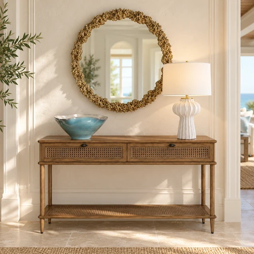 Briny Coral Reef Antiques Brass Round Mirror in room