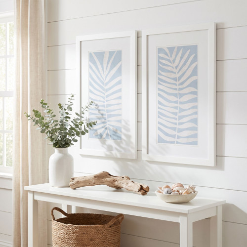 Serene Blue Palm Fronds Framed Art Set in room