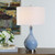 Orcas Island Blue Ceramic Table Lamp room view with light on