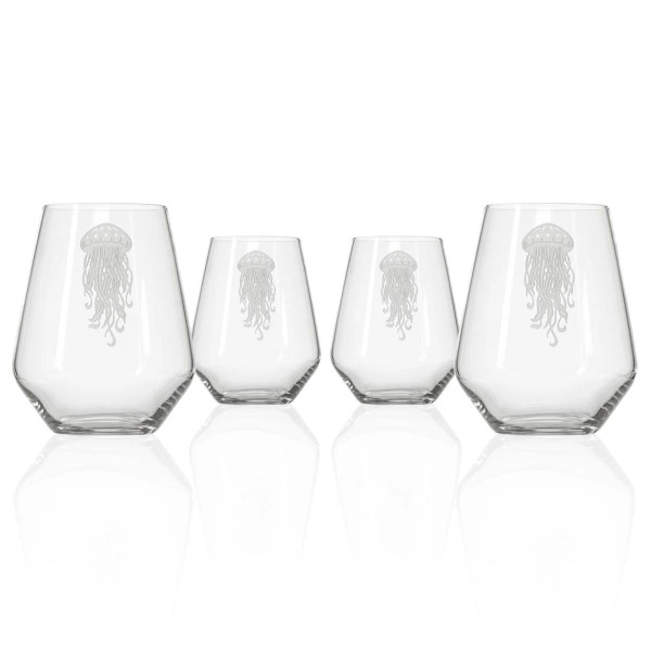 Jellyfish Engraved Stemless Glass Wine Tumblers