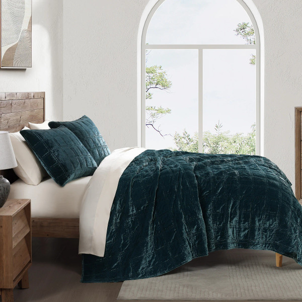 Stella Storm Teal Blue Silk Velvet Queen Size Box Quilted Bedding Set