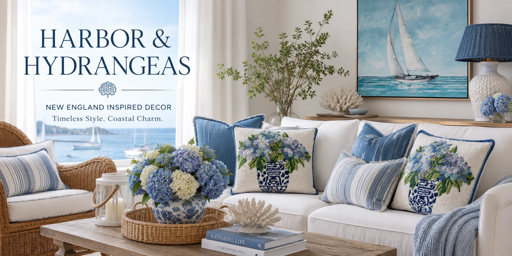 Image for our Harbor & Hydrangeas Collection: Bring home the timeless elegance of the Northeast coast with our Harbor and Hydrangeas Collection, a beautifully curated destination for New England coastal decor inspired by the iconic charm of Cape Cod, Martha's Vineyard, Nantucket, and the Hamptons.