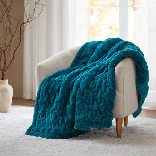 Teal Ruffle Throw Luxury Soft Teal Ruched Faux Fur Throw | Caron's Beach House