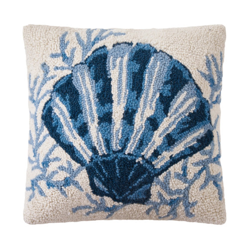 Low Tide Blue Scallop Shell 16 x 16 Wool Hooked Pillow | Caron's