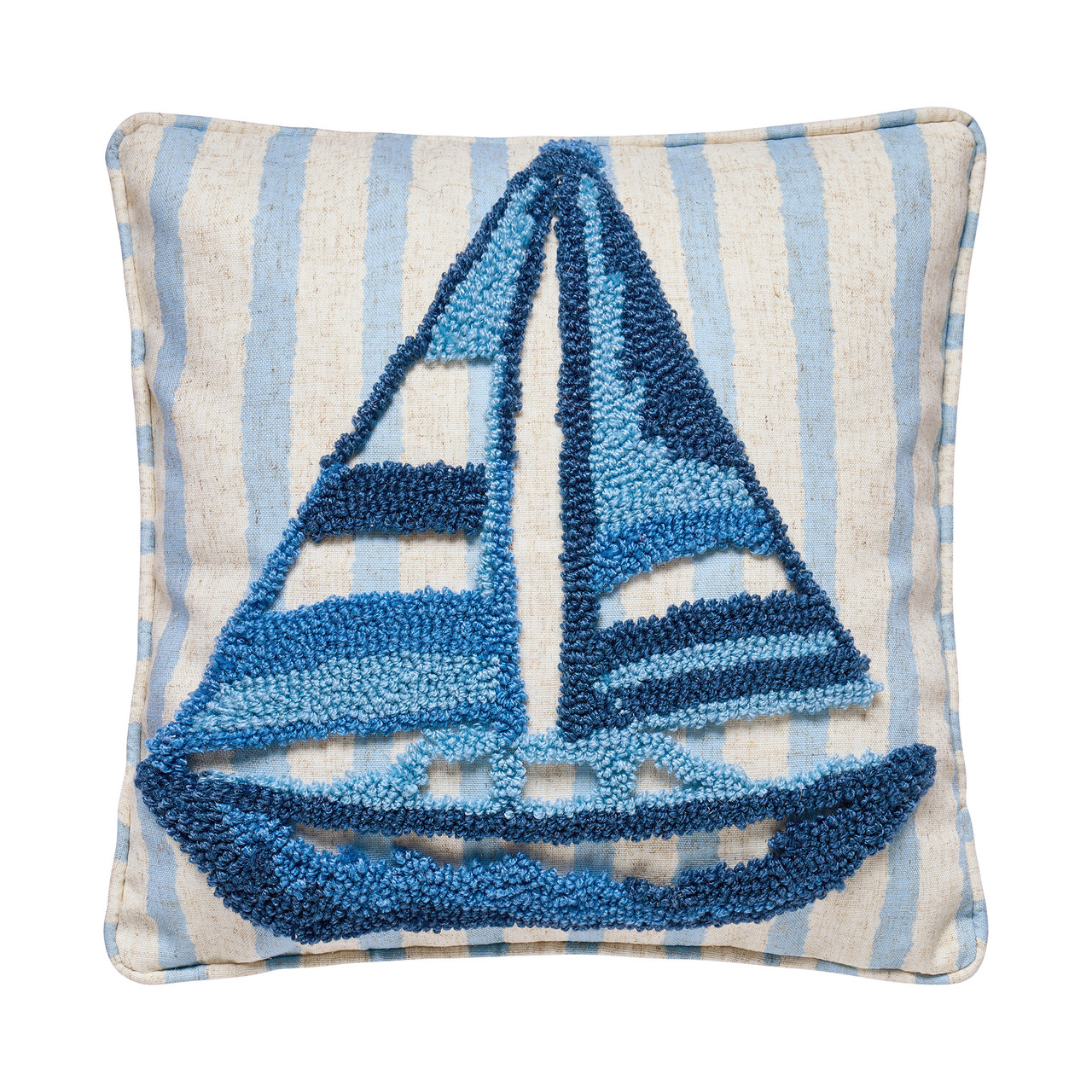 Image of Fisherman's Light Blue Striped Tufted Sailboat Pillow