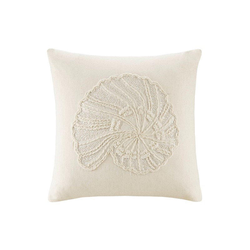 Image of Luna Sea Spiral Shell Ivory Embroidered Square Pillow Cover