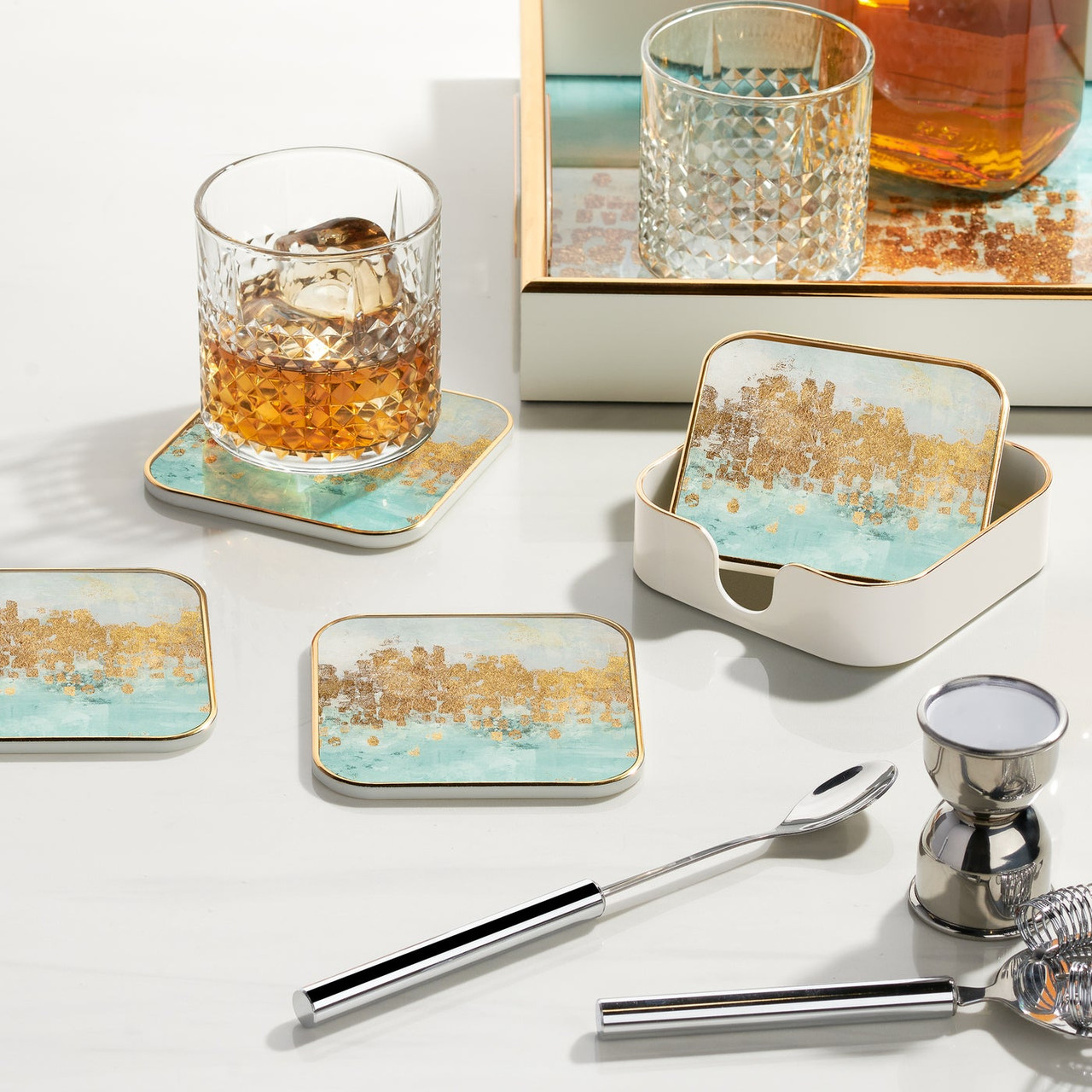 Gold Trim 2 Piece Rectangle Tray Set - Blue Mirage