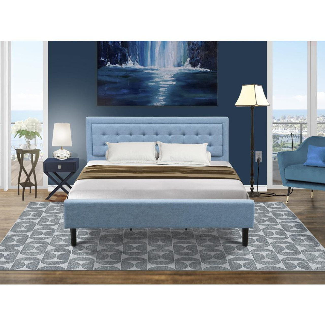 East West Furniture East West Furniture FNF-11-F Fannin Platform Full Size  Bed Frame - Denim Blue Linen Fabric Upholestered Bed Headboard with Button  Tufted Trim Design - Black Legs (FNF-11-F) | Zoro