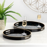 Gold Trim 2 Piece Round Tray Set - Blue Hibiscus