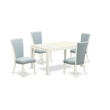 East-West Furniture CAVE5-LWH-15 - A wooden dining table set of 4 amazing indoor dining chairs with Linen Fabric Baby Blue color and a lovely mid-century dining table with Linen White color