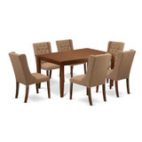 East West Furniture DUFO7-MAH-47 7-Piece Dining Room Table Set Includes 1 Rectangular Dining Table and 6 Light Sable Linen Fabric Dining Chairs with Button Tufted Back - Mahogany Finish