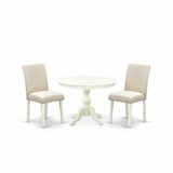 East West Furniture HBAB3-LWH-02 3 Piece Dining Table Set - Linen White Round Dining Table and 2 Light Beige Linen Fabric Comfortable Chairs with High Back - Linen White Finish