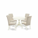 East West Furniture HBBA5-LWH-01 5 Piece Dining Set - Linen White Round Dining Table and 4 Cream Linen Fabric Dining Chairs with High Back - Linen White Finish