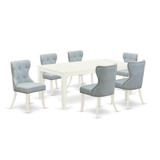 East-West Furniture LGSI7-LWH-15 - A dining room table set of 6 great dining chairs with Linen Fabric Baby Blue color and a wonderful 18 butterfly leaf rectangle dining room table with Linen White co"