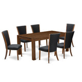 East West Furniture - LMVE7-N8-24 - 7-Pc Kitchen Dining Room Set- 6 Parson Dining Chairs and Dining Table - Black Linen Fabric Seat and High Chair Back - Antique Walnut Finish