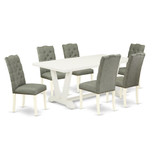 East West Furniture 7-Pc Modern Dining Table Set- 6 Parson Chairs with Smoke Linen Fabric Seat and Button Tufted Chair Back - Rectangular Table Top & Wooden Legs - Linen White Finish