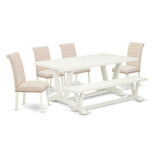 East West Furniture 6-Pc Dinette Set-Light Beige Linen Fabric Seat and Button Tufted Chair Back Parson chairs, A Rectangular Bench and Rectangular Top Kitchen Dining Table with Hardwood Legs - Linen W