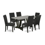 East West Furniture 7-Pc Dining Room Set- 6 Dining Room Chairs with Black Linen Fabric Seat and Stylish Chair Back - Rectangular Table Top & Wooden Legs - Cement and Black Finish