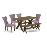 East West Furniture 6-Piece Wood Dining Table Set-Dahlia Linen Fabric Seat and Button Tufted Chair Back Kitchen chairs, A Rectangular Bench and Rectangular Top Kitchen Table with Wooden Legs - Distres