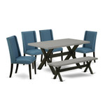 East West Furniture 6-Pc Dining room Table Set-Mineral Blue Linen Fabric Seat and High Stylish Chair Back Kitchen chairs, A Rectangular Bench and Rectangular Top Dining Table with Solid Wood Legs - Ce