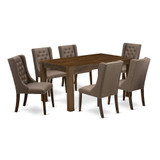 East West Furniture CNFO7-N8-18 7-Pc Kitchen Dining Table Set 6 Brown Linen Fabric Upholstered Dining Chairs with Button Tufted Back and 1 Kitchen Dining Table - Antique Walnut Finish