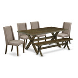 East West Furniture 6-Pc Dining Table Set-Dark Khaki Linen Fabric Seat and High Stylish Chair Back Modern Dining chairs, A Rectangular Bench and Rectangular Top Kitchen Table with Wooden Legs - Distre