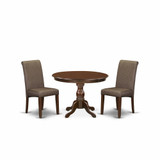 East West Furniture HBBA3-MAH-18 3 Piece Table and Chairs Dining Set - Mahogany Wood Dining Table and 2 Brown Faux Leather Dining Room Chairs with High Back - Mahogany Finish