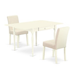 1MZAB3-LWH-02 3Pc Dining Room Table Set Consists of a Wood Dining Table and 2 Upholstered Dining Chairs with Light Beige Color Linen Fabric, Drop Leaf Table with Full Back Chairs, Linen White Finish